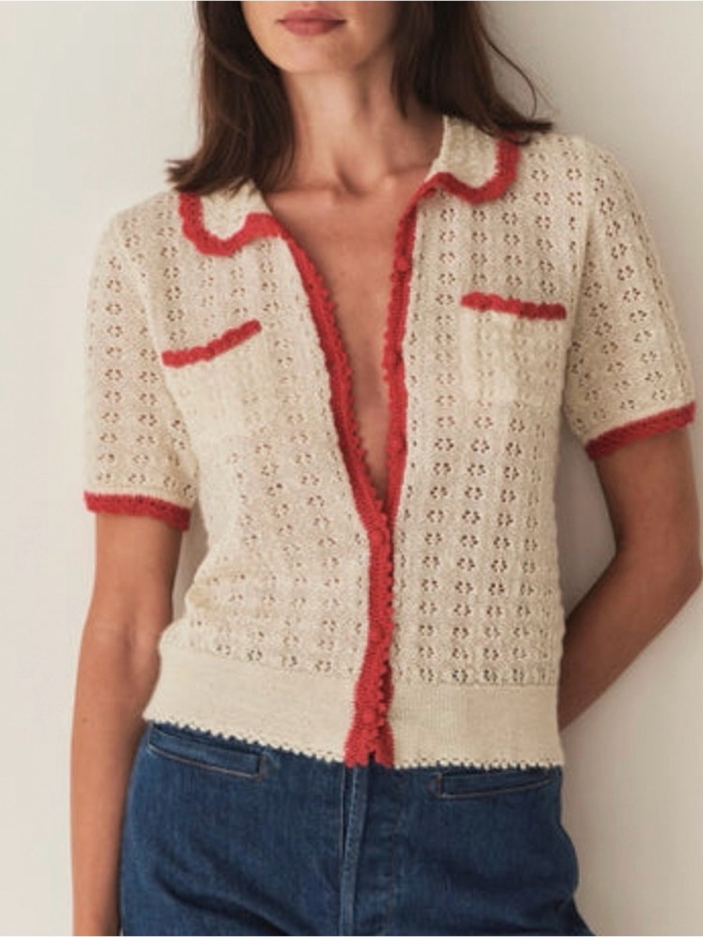 white birch Cream Knit Short-Sleeve Cardigan with Coral Trim